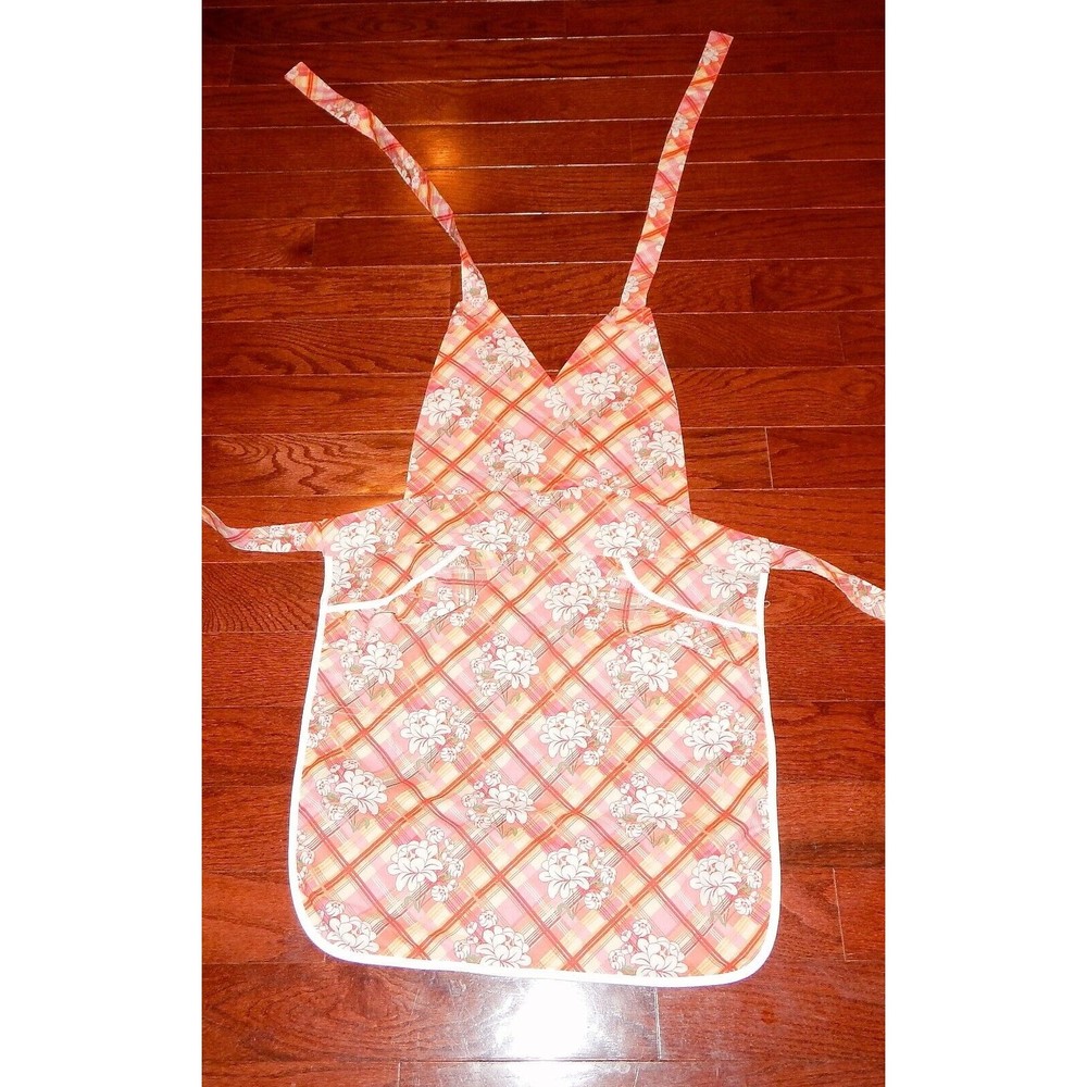 Bib Apron Basket Weave Orange Pink Yellow Floral Ruffled Pockets elizabethW